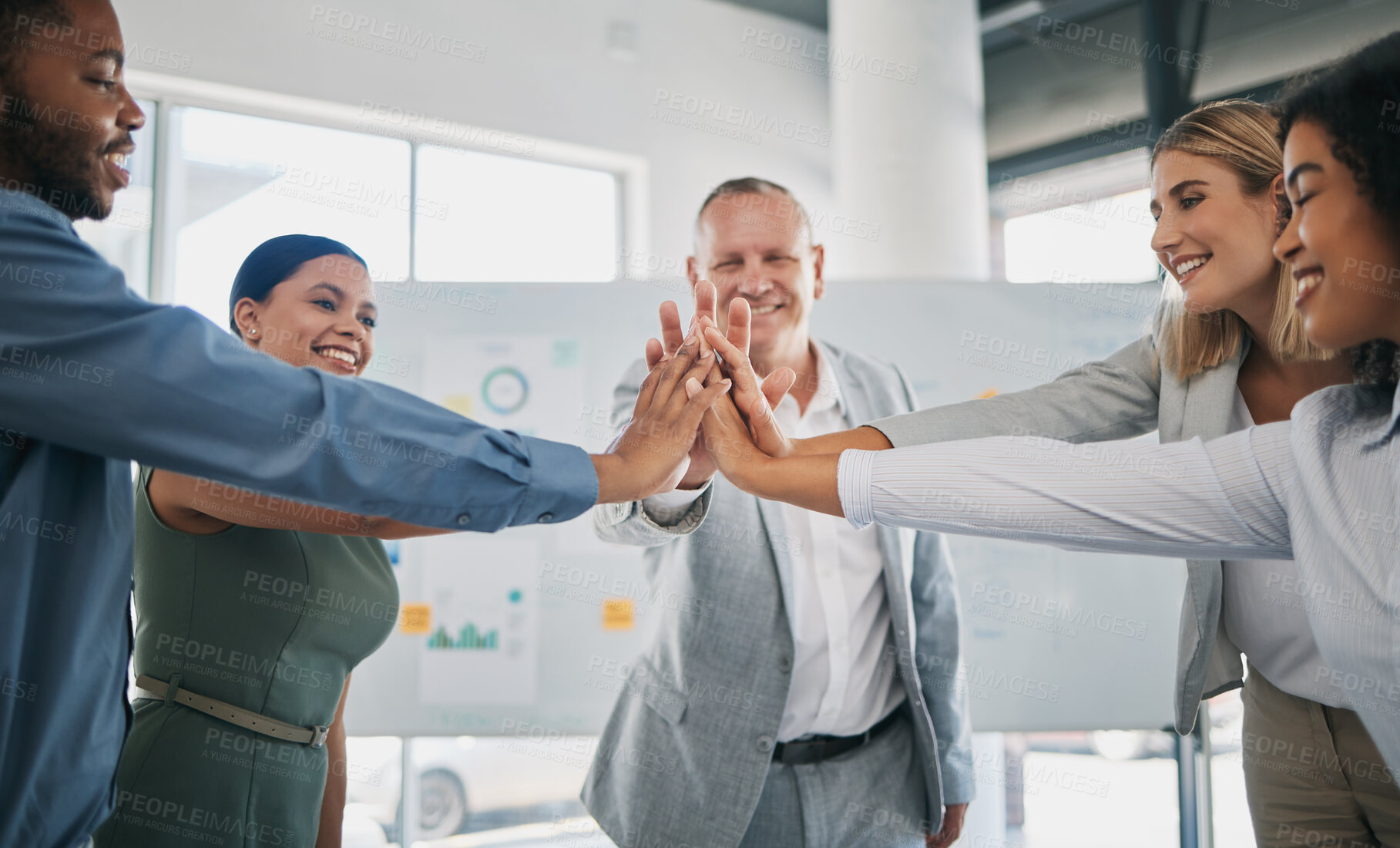 Buy stock photo High five, diversity team celebration and business people celebrate financial profit success. Team building meeting, infographics or worker collaboration workforce happy with target goals achievement