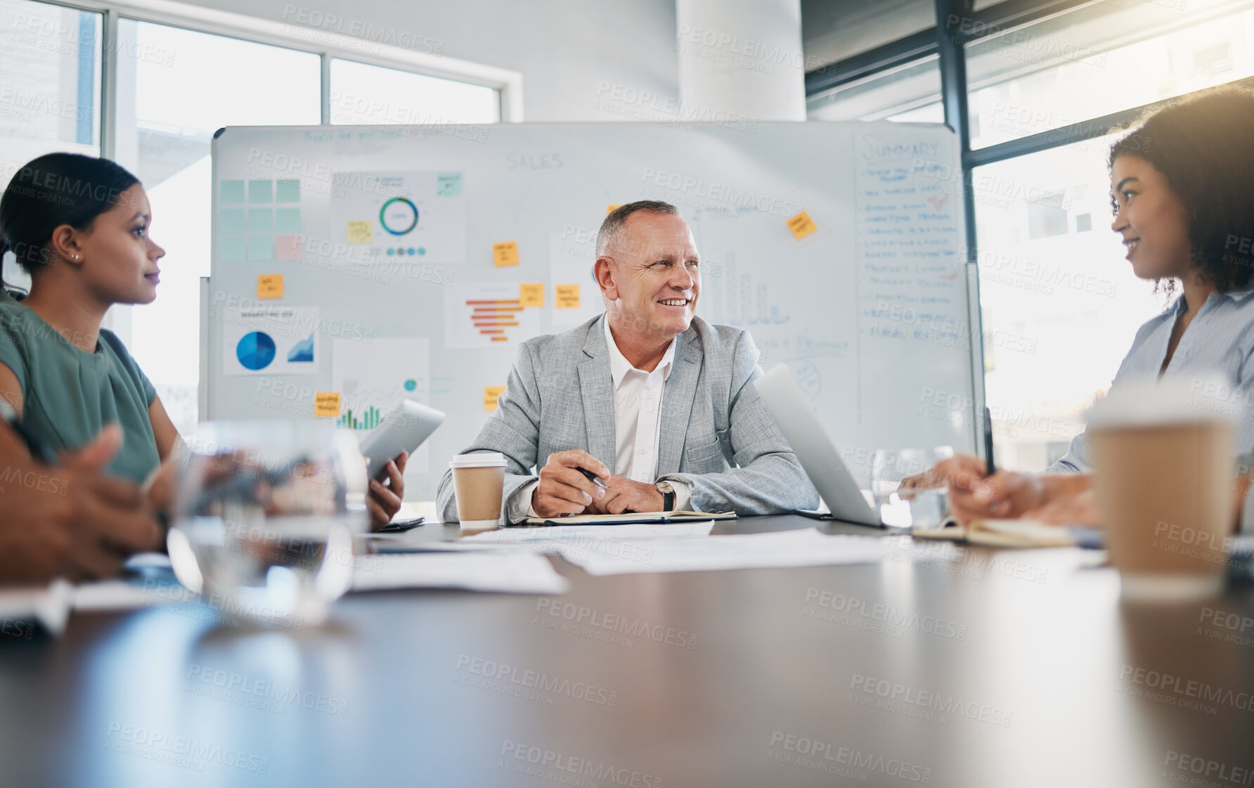 Buy stock photo Business boss, leadership and meeting of team planning, motivation or collaboration in office. Manager brainstorming ideas, vision and strategy for coaching, support and workshop of diversity workers