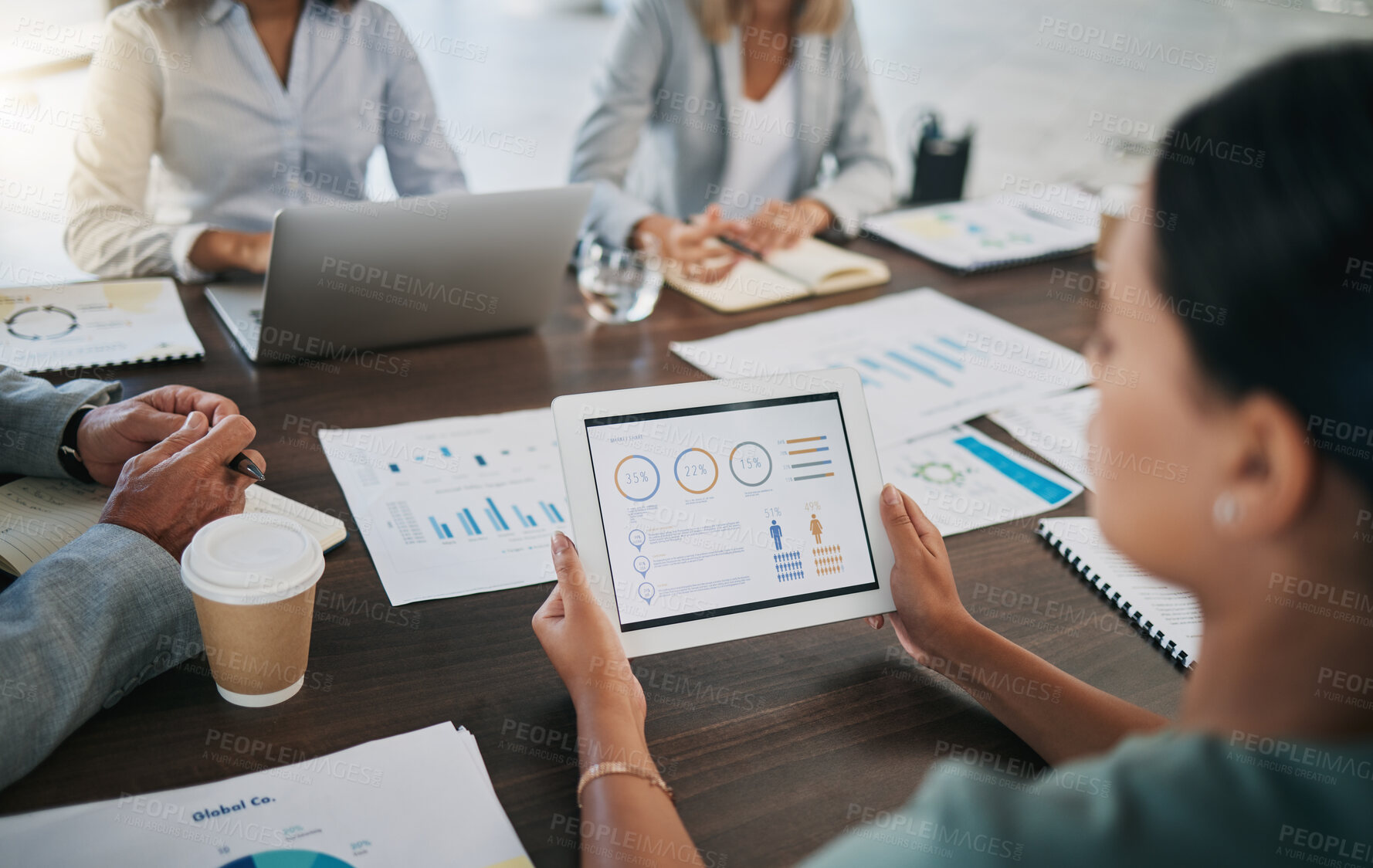 Buy stock photo Digital tablet, meeting and business people with paperwork planning a project with data, graphs and statistics. Technology, documents and team working on a corporate company strategy in the workplace