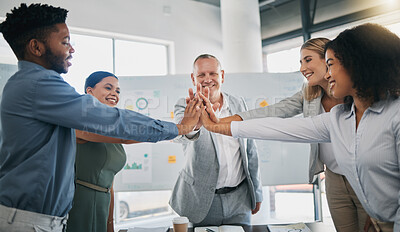 Buy stock photo High five, diversity team celebration and business people celebrate financial profit success. Team building meeting, infographics or worker collaboration workforce happy with target goals achievement