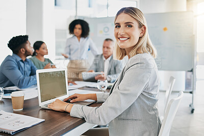 Buy stock photo Laptop, startup meeting and portrait of woman at digital design workshop, diversity in creative project. Strategy, planning and teamwork with face of happy woman in modern office for collaboration.