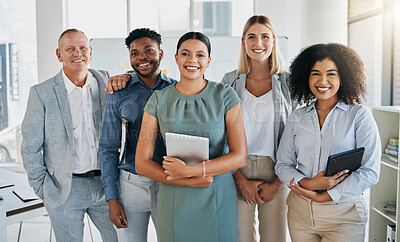 Buy stock photo Portrait, happy or business people in a digital agency in an office building with motivation, goals or mission. Leadership, team work or confident employees smile with pride, solidarity or support