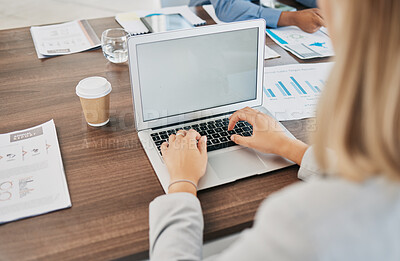 Buy stock photo Laptop, mockup and business woman hands typing email, online media and digital website of brand management, network planning and research. Blank computer screen, office meeting and startup technology