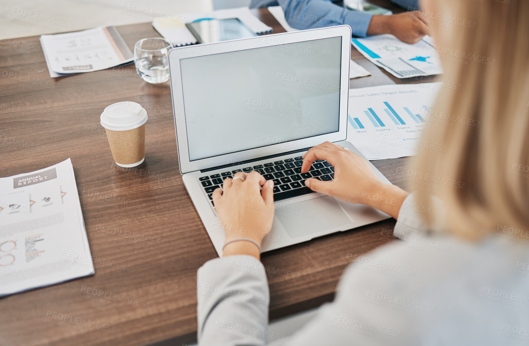 Buy stock photo Laptop, mockup and business woman hands typing email, online media and digital website of brand management, network planning and research. Blank computer screen, office meeting and startup technology