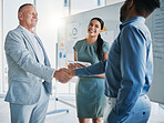 Teamwork, collaboration and business people handshake for partnership, b2b or hiring contract. Welcome, thank you and group, employees or workers shaking hands for onboarding, recruitment or deal.