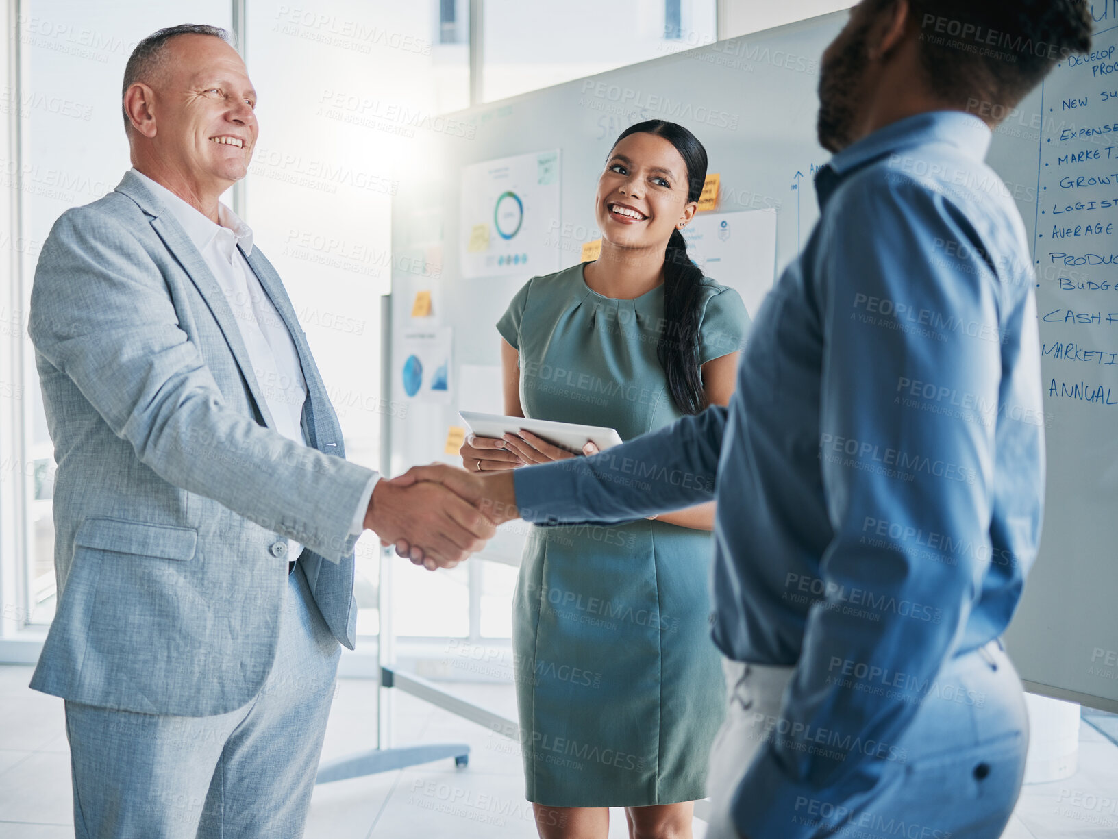 Buy stock photo Teamwork, collaboration and business people handshake for partnership, b2b or hiring contract. Welcome, thank you and group, employees or workers shaking hands for onboarding, recruitment or deal.