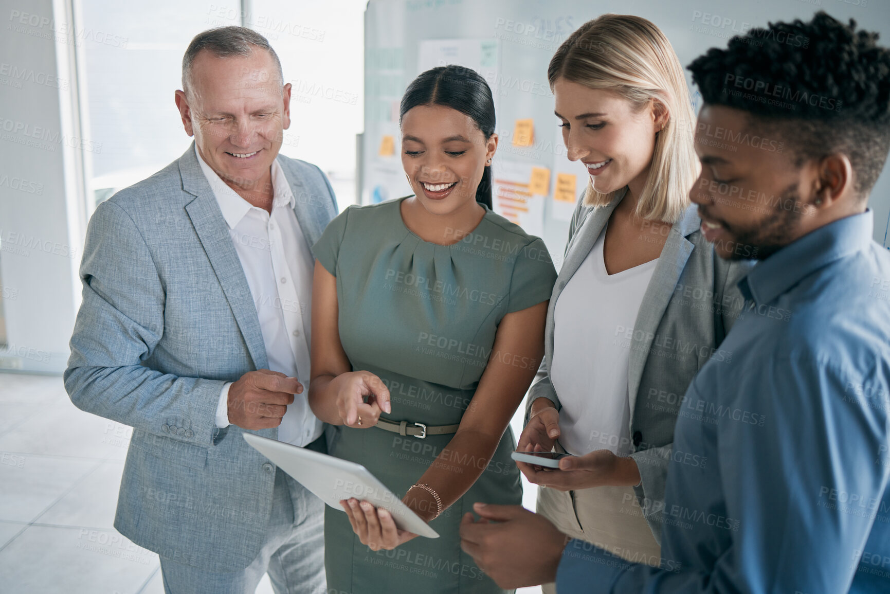 Buy stock photo Tablet, team work or business people in a meeting planning a SEO digital marketing, advertising or branding strategy. Data analysis, collaboration or employees working, talking or reading analytics