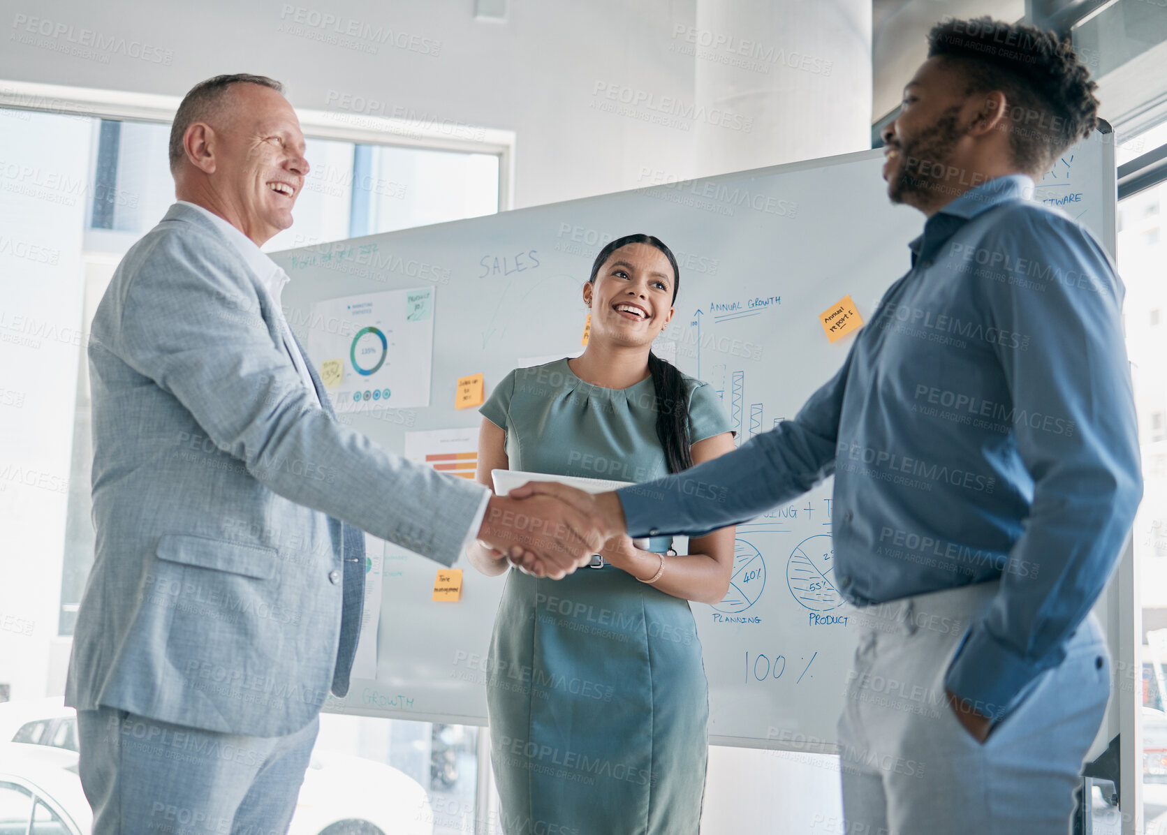 Buy stock photo Teamwork, collaboration and business people handshake for partnership, b2b or hiring contract. Welcome, thank you and group, employees or workers shaking hands for onboarding, recruitment or deal.