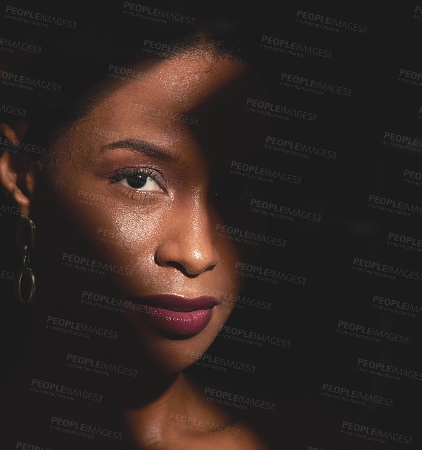 Buy stock photo Shadow, black woman and portrait of beauty, makeup and creative spotlight with cosmetics, skincare and glow. Face, model and dark mystery background for facial aesthetic, fantasy and luxury fashion