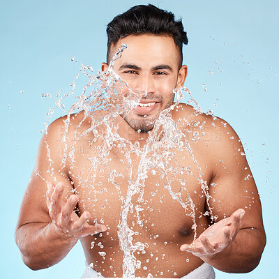 Buy stock photo Cleaning, water splash and portrait of man happy with self care routine, facial hygiene and body hygiene wash. Water drop, bathroom skincare hydration and beauty model with health wellness treatment