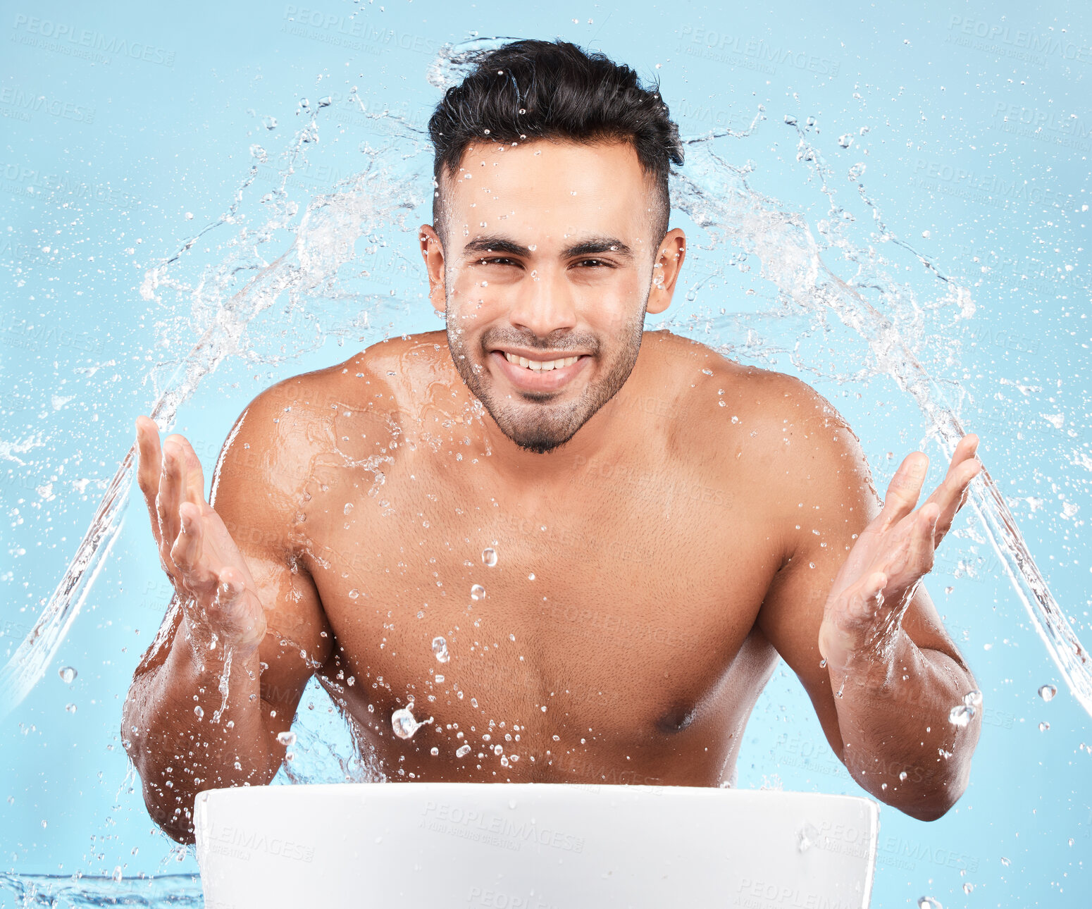 Buy stock photo Cleaning, water splash and portrait of man happy with self care routine, facial hygiene and body hygiene wash. Water drop, bathroom skincare hydration and beauty model with health wellness treatment