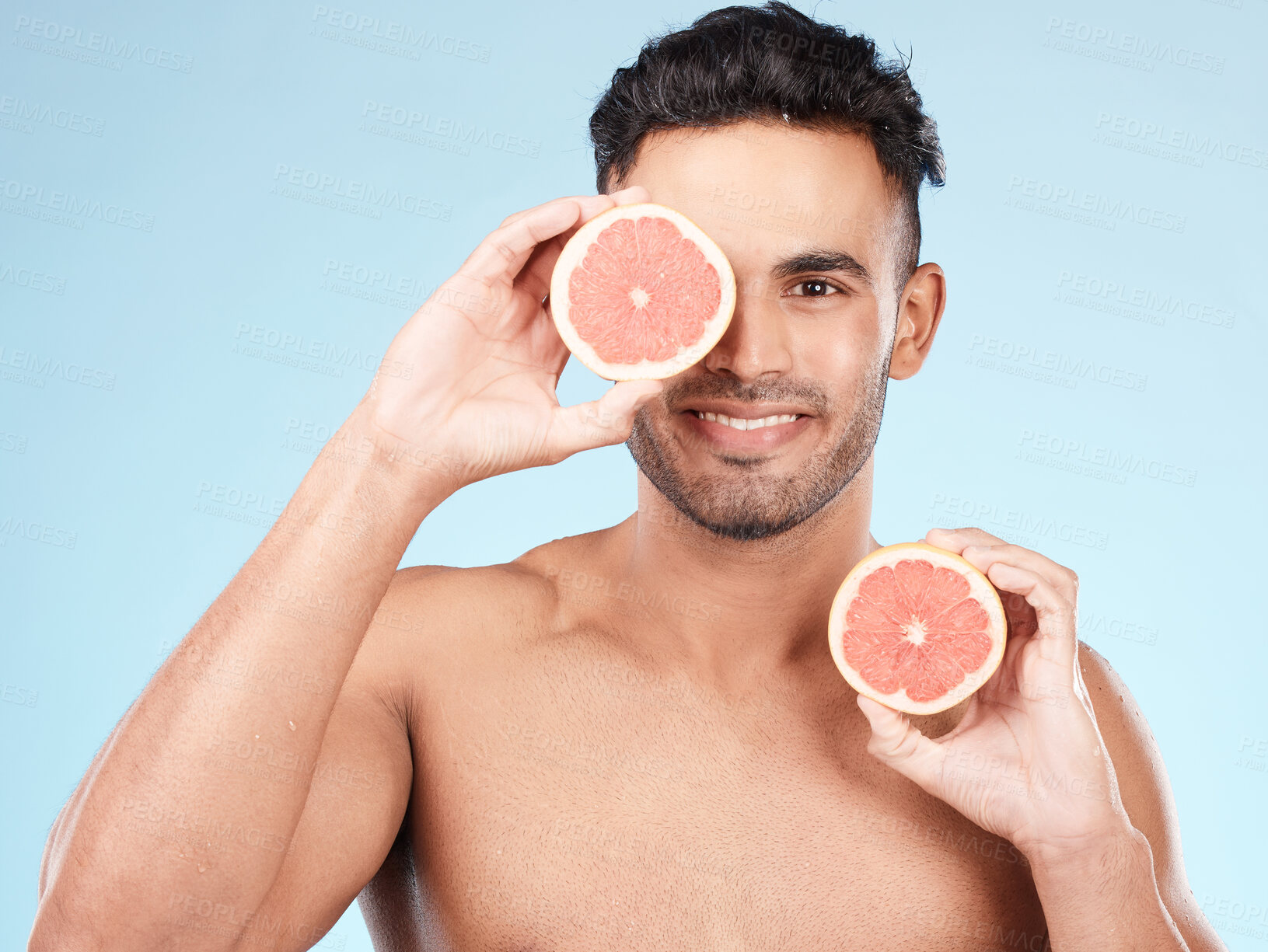 Buy stock photo Beauty, health and portrait of man with grapefruit for fruit detox, healthy body or natural facial skincare routine. Wellness spa salon, vitamin c glow and happy nutritionist model with food product