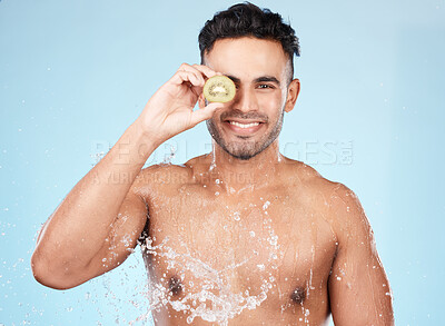 Buy stock photo Skincare, beauty and water splash, man with fruit for vitamin c facial detox for healthcare, natural healthy skin and smile. Water, wellness and sustainability, organic luxury cleaning and grooming.