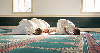 Buy stock photo Muslim, prayer and mosque with a spiritual man group praying together during fajr, dhuhr or asr, otherwise maghrib or isha'a. Salah, worship and pray with islamic friends observing ramadan tradition