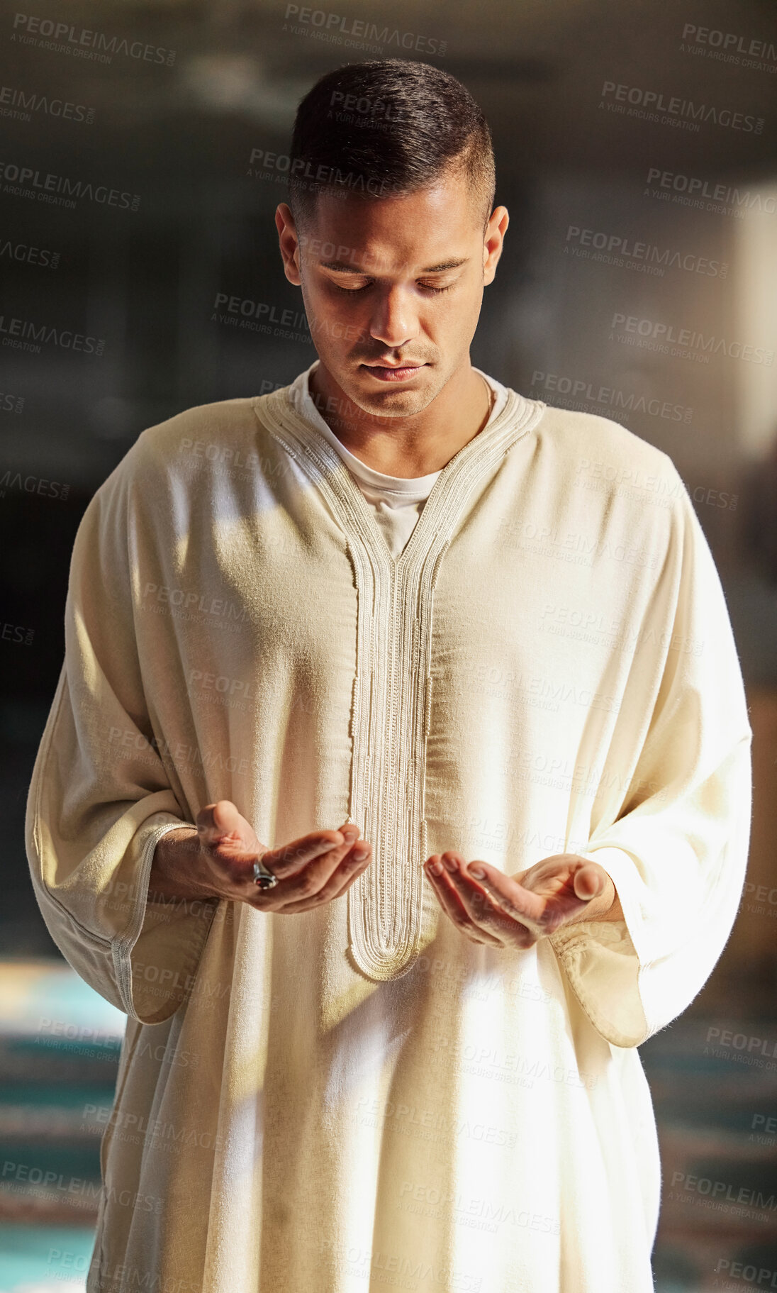 Buy stock photo Man, muslim faith and praying in mosque for God, peace and mindfulness with traditional islamic clothes. Islam worship, prayer and spiritual balance for ramadan, religion and gratitude in Doha, Qatar