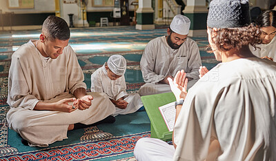 Buy stock photo Muslim, child or men prayer to worship Allah in holy temple or mosque with gratitude as a family on Ramadan. Islamic, community or people in praying with boy or kid for Gods support, spiritual peace