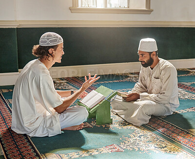 Buy stock photo Muslim pray, worship or men studying the Quran for peace, mindfulness or support from Allah in holy mosque. Learning, Islamic or people talking, reading or praying to worship God on Ramadan Kareem