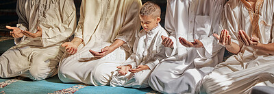 Buy stock photo Muslim pray, child or men learning to worship Allah in holy temple or mosque with gratitude as a family. Islamic, education or people in praying with boy or kid for Gods teaching, spiritual peace