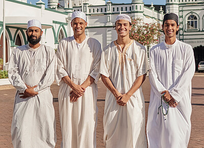 Buy stock photo Happy, hajj and Muslim men at a mosque to pray, ramadan faith and group in Mekka together. Smile, religion and portrait of Islamic friends on a pilgrimage to the holy city for spiritual journey