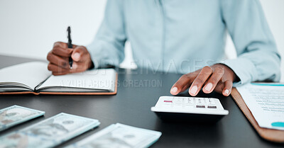 Buy stock photo Hand, calculator and writing with a finance accountant working on savings or investment in a work office. Money, accounting and budget with a bank employee at work for financial growth or planning