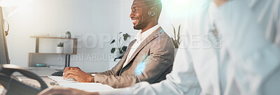 Buy stock photo Call center, computer and business man in office virtual communication, IT support or customer service in networking success. Telemarketing sales, talk and happy black man worker or online consultant