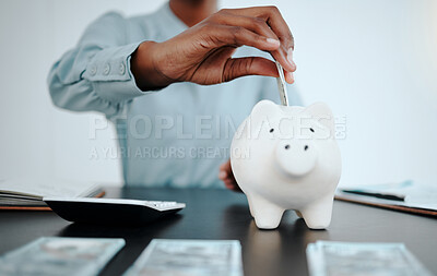 Buy stock photo Savings money, piggybank and hands of woman, administration accountant or bank teller with cash dollar investment. Economy, financial budget accounting and African finance consultant with calculator