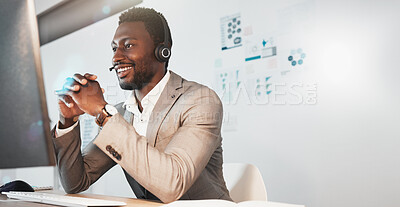 Buy stock photo Video call, computer and businessman with telemarketing, call center or online communication strategy, networking or sales goals. Telecom, virtual zoom call and african ecommerce worker in conference