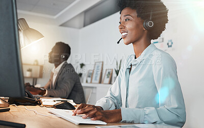 Buy stock photo Call center, black woman and typing with computer, smile and focus for telemarketing, crm and help desk. Customer support expert, woman and reading on pc, web or internet for communication in Houston