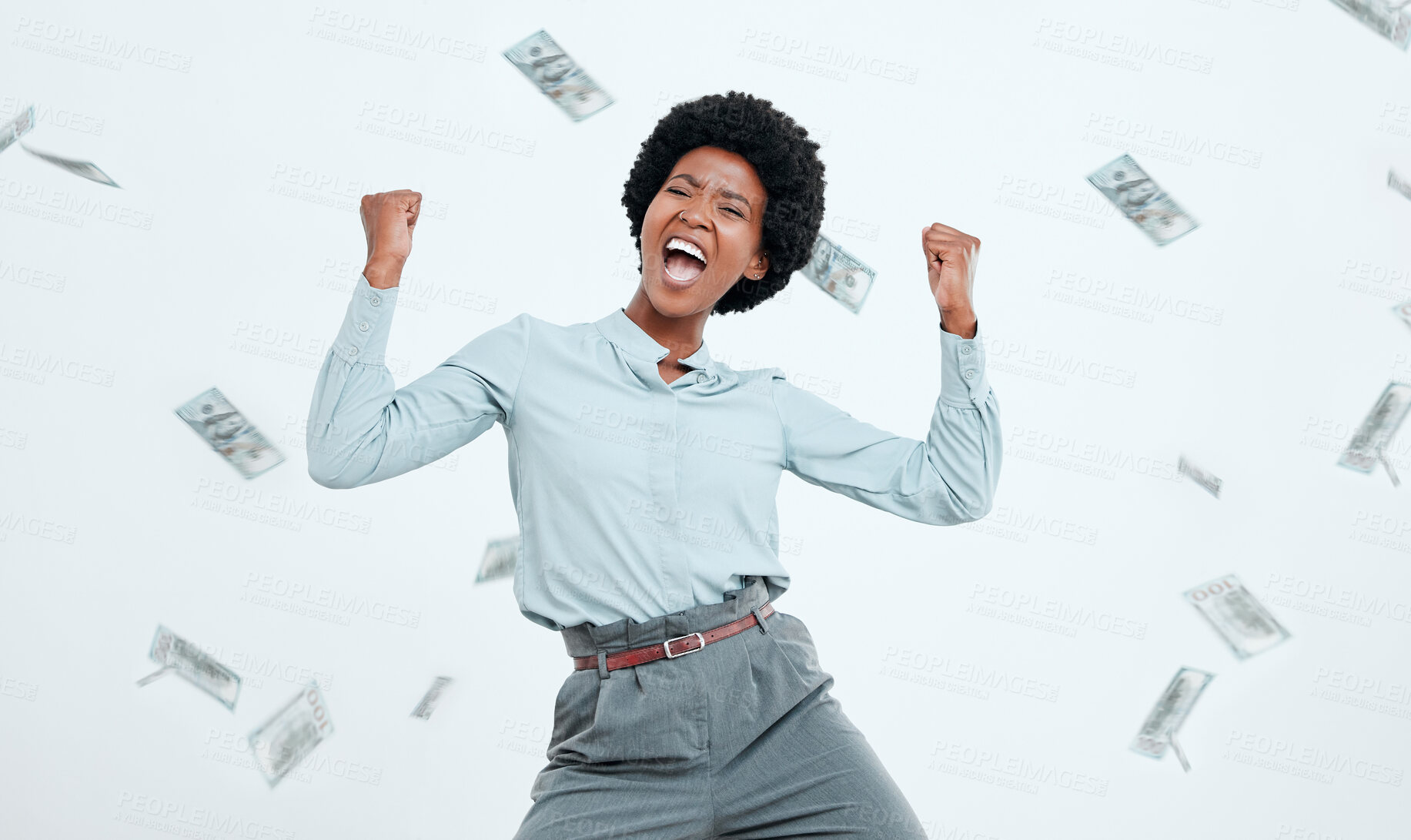 Buy stock photo Money win, success and black woman excited about finance freedom, investment and salary on a white studio background. Accounting, happy and portrait of a business employee in celebration of cash