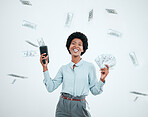 Cash cannon, money and wealth with a black woman accountant in studio on a gray background. Portrait, accounting or finance with a female employee shooting bank notes in celebration of profit payment