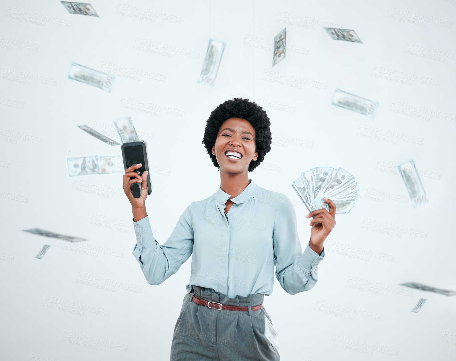 Buy stock photo Cash cannon, money rain and wealth with a black woman winner in studio on a gray background. Portrait, winning or finance with a female employee shooting bank notes in celebration of profit