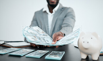 Buy stock photo Hand, dollars and businessman with money for bribe in office. Finance, currency and black man offering cash for financial investment, payment or banking, deal or savings, loan or money laundering.