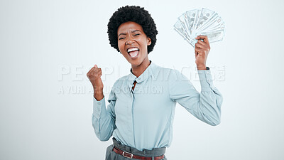 Buy stock photo Money win, success and black woman excited about finance freedom, investment and salary on a white studio background. Accounting, happy and portrait of a business employee in celebration of cash