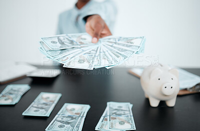 Buy stock photo Hand, dollars and black woman with money for payment, financial investment or bribe in office. Currency, finance or business woman offering cash for banking, deal or savings, loan or money laundering