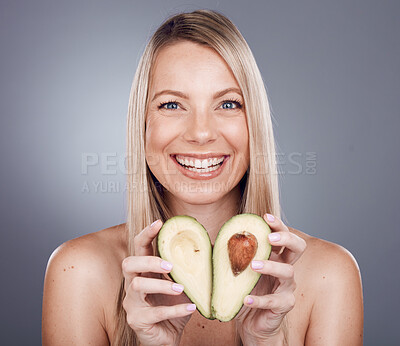 Buy stock photo Skincare, beauty and portrait of woman with avocado in studio for wellness, vitamins and luxury spa. Dermatology, makeup and girl marketing organic, healthy and natural cosmetics for facial treatment
