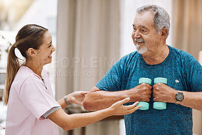 Buy stock photo Exercise, physiotherapy and senior man with a physiotherapist for healthcare training, rehabilitation and fitness support. Strength training, workout and doctor with motivation for elderly patient