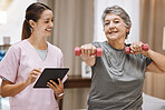 Nurse with tablet, old woman in nursing home and physical therapy fitness with dumbbell, healthcare and digital checklist for wellness. Health, retirement care and exercise with muscle training.