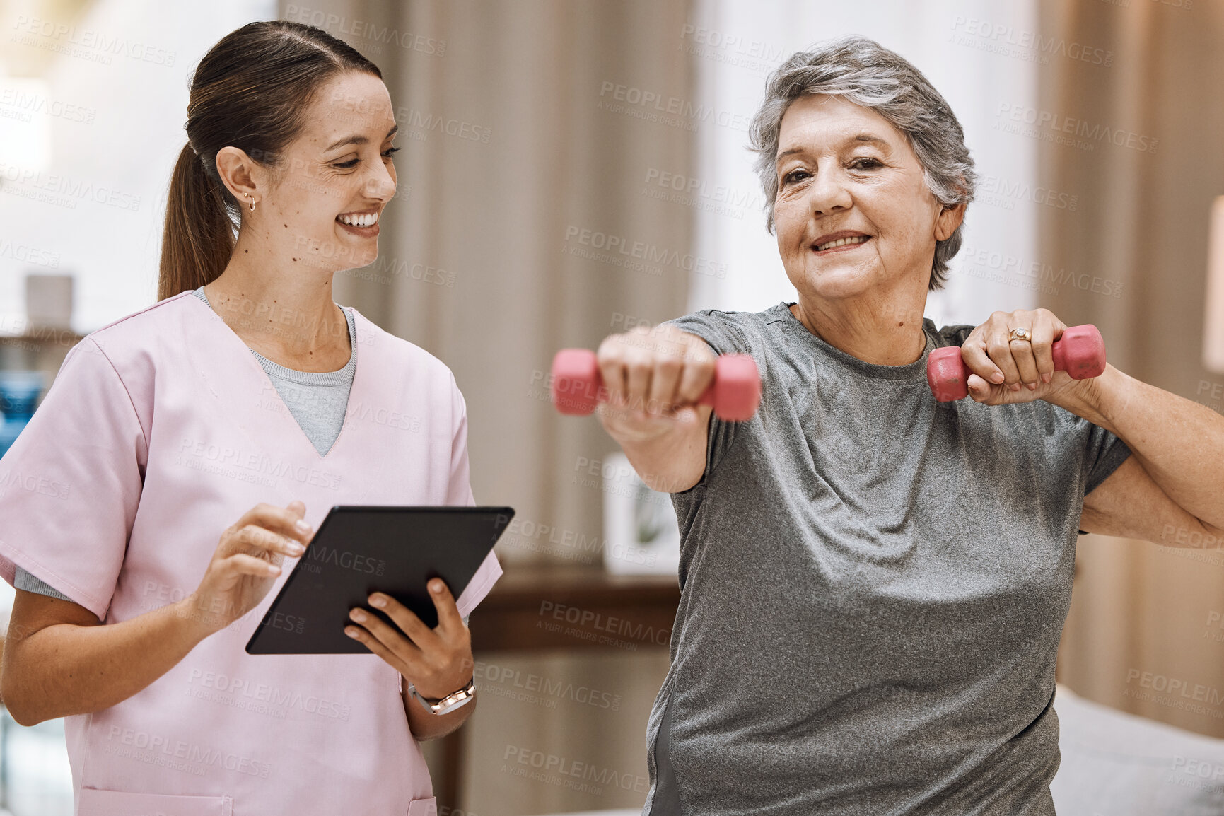 Buy stock photo Nurse with tablet, old woman in nursing home and physical therapy fitness with dumbbell, healthcare and digital checklist for wellness. Health, retirement care and exercise with muscle training.