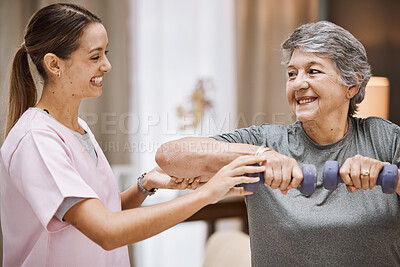 Buy stock photo Women, senior or physiotherapy help with dumbbell in wellness clinic, healthcare center or nursing home living room. Smile, happy or physiotherapist nurse and elderly patient in weight rehabilitation