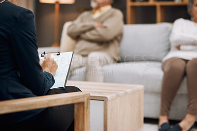 Buy stock photo Psychologist writing, divorce and couple in therapy, conversation and session in office. Therapist make notes, senior man and elderly woman with relationship problems, marriage issue and frustrated.