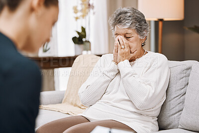 Buy stock photo Psychologist, consulting or old woman crying in counseling with therapist writing notes in conversation. Stressed, checklist or psychology expert listening or helping sad senior person in therapy 