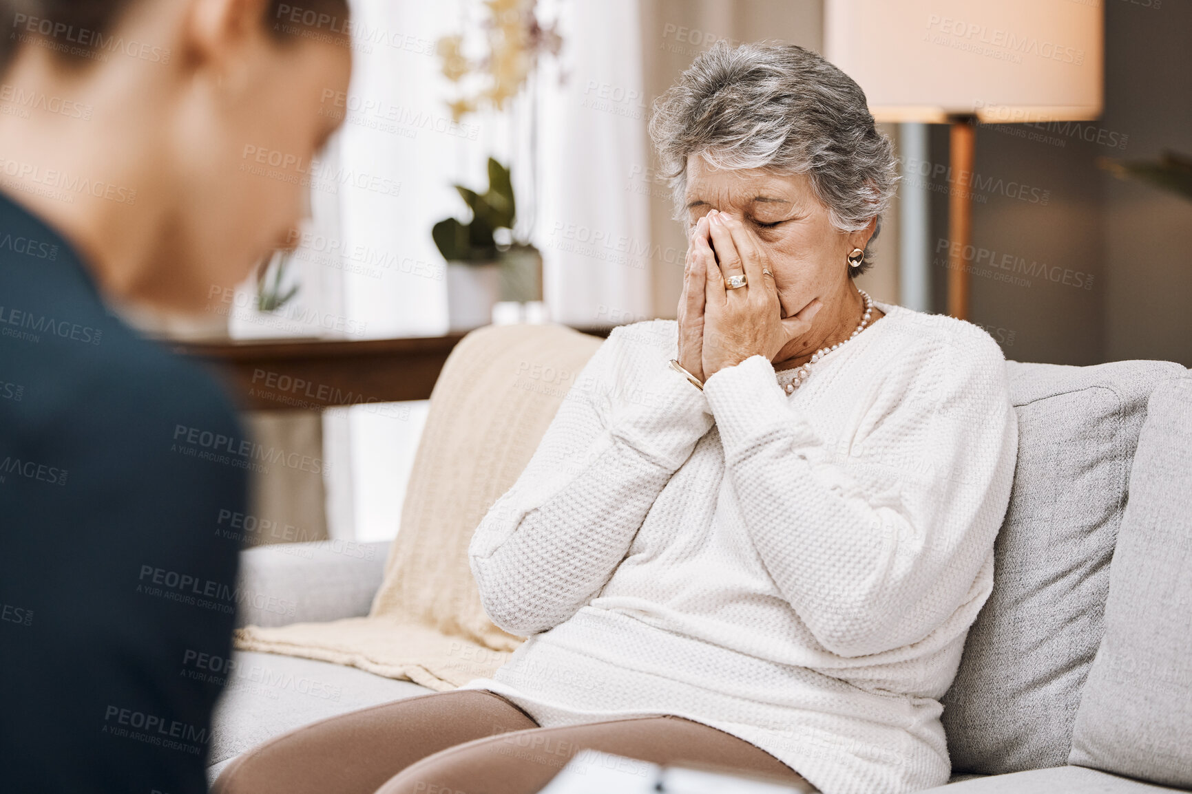 Buy stock photo Psychologist, consulting or old woman crying in counseling with therapist writing notes in conversation. Stressed, checklist or psychology expert listening or helping sad senior person in therapy 