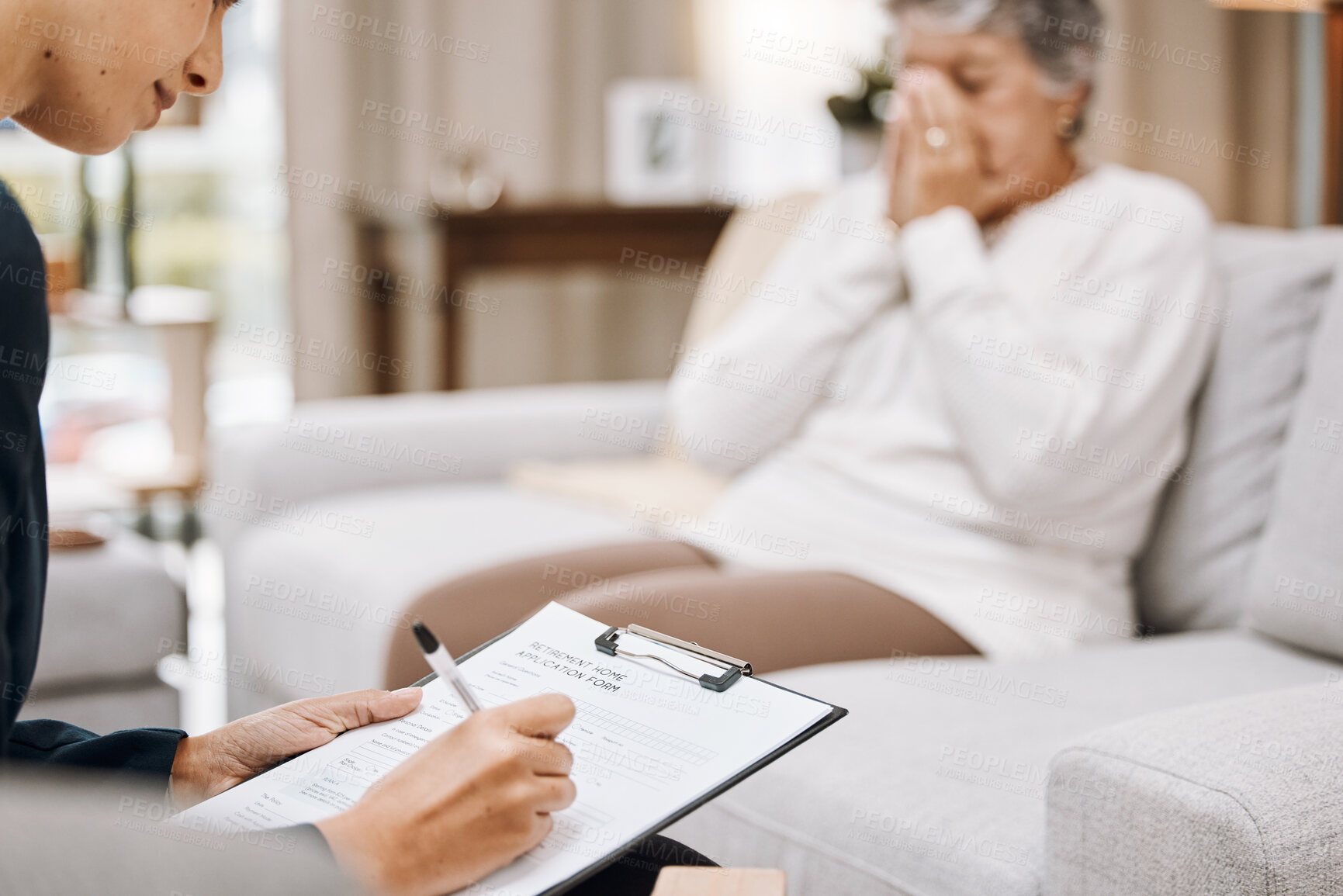 Buy stock photo Psychologist, consulting or old woman crying in counseling with therapist writing notes in conversation. Stressed, checklist or psychology expert listening or helping sad senior person in therapy 