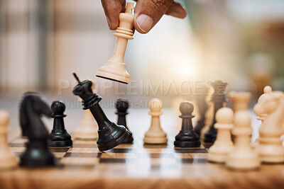 Buy stock photo Chess, man and hand with king from board game for winning strategy, tabletop tournament and sports games. Closeup chessboard, checkmate and smart move playing in contest, problem solving or challenge