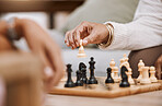 People, playing hands or chess knight on house, home or living room table in strategy board game, checkmate vision or contest. Zoom, women or competition friends and chessboard pawn in mind challenge