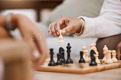 Buy stock photo People, playing hands or chess knight on house, home or living room table in strategy board game, checkmate vision or contest. Zoom, women or competition friends and chessboard pawn in mind challenge