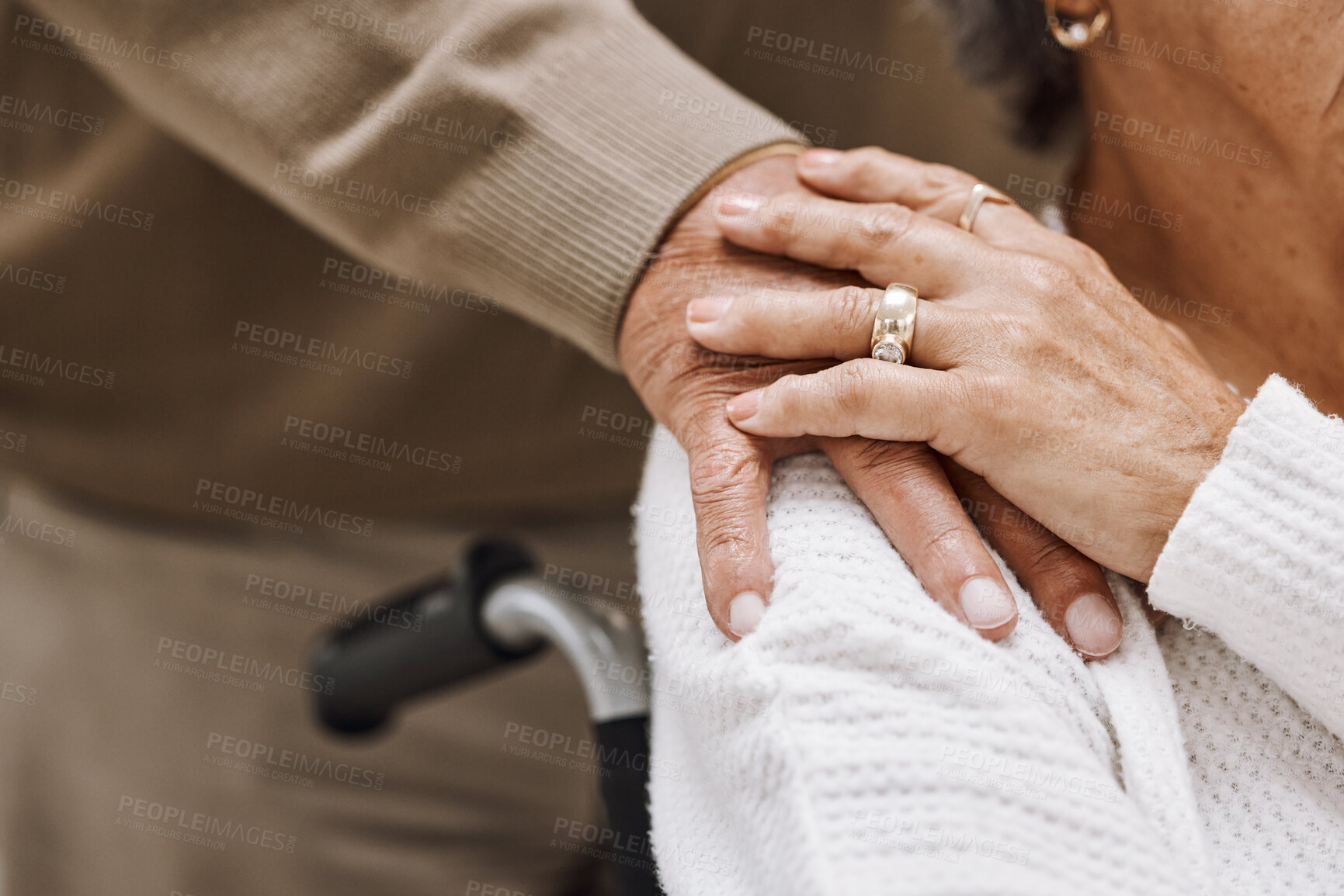 Buy stock photo Love, disability and hands of retirement couple with care, gratitude and support in marriage. Unity, respect and senior people holding hands for bonding, appreciation and togetherness zoom.

