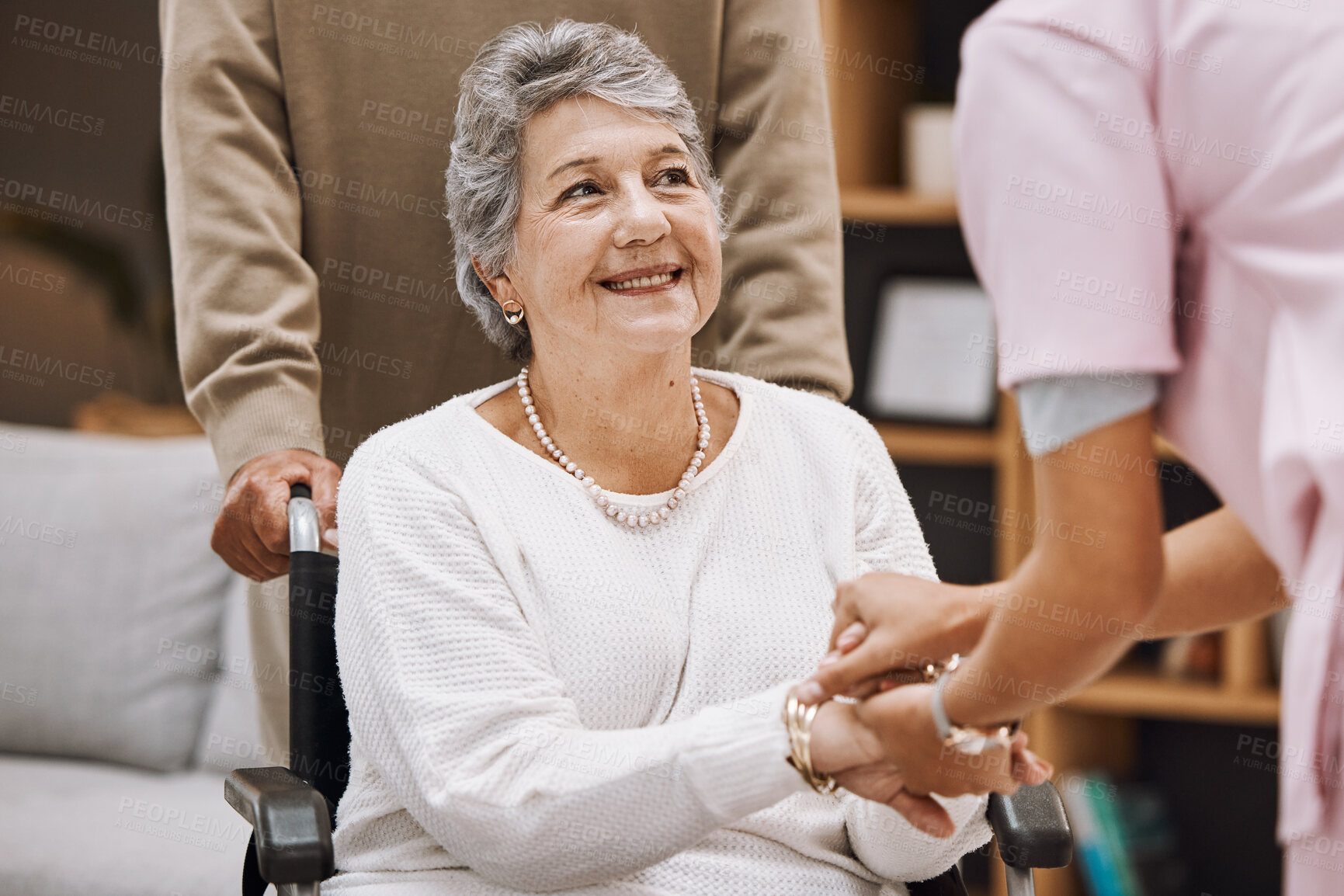 Buy stock photo Disability, healthcare and nursing home with a senior woman patient in a wheelchair while talking to a nurse. Support, trust and medical with a mature female and medicine professional in a clinic
