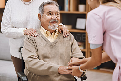 Buy stock photo Disability patient holding hands with doctor for senior help, support and trust home nursing, physical therapy and healthcare. Medical worker consulting elderly man in wheelchair in caregiver welcome