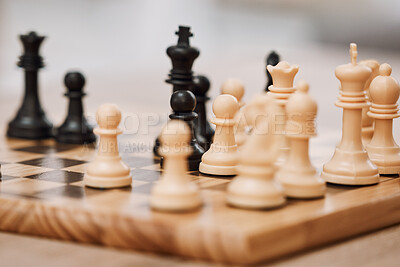 Buy stock photo Chessboard, knight and king in house, home living room or apartment for mind strategy contest, checkmate vision or learning challenge. Zoom, board games competition and problem solving pawn on table
